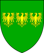 The personal coat of arms of Owain Gwynedd were: Vert, three eagles displayed in fess Or