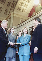 Re-enactment of Hillary Rodham Clinton being sworn in as a United States Senator by Vice President Al Gore in the Old Senate Chamber, as President Clinton and daughter Chelsea look on. January 3, 2001.