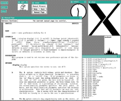 An early-1990s style Unix desktop running the X Window System graphical user interface. Shown are a number of client applications common to the MIT X Consortium's distribution, including Tom's Window Manager, an X Terminal, Xbiff, xload, and a graphical manual page browser.