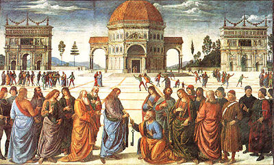 Traditional painting by Pietro Perugino depicting The Giving of the Keys to Saint Peter (1492)