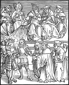 Antichristus, a woodcut by Lucas Cranach of the pope using the temporal power to grant authority to a generously contributing ruler