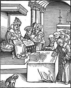 Antichristus, by Lucas Cranach the Elder, from Luther's 1521 Passionary of the Christ and Antichrist. The Pope is signing and selling indulgences.