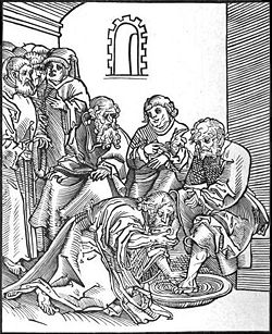 Christus, by Lucas Cranach. This woodcut of John 13:14-17 is from Passionary of the Christ and Antichrist. Cranach shows Jesus kissing Peter's foot during the footwashing. This stands in contrast to the opposing woodcut, where the Pope demands others kiss his feet.