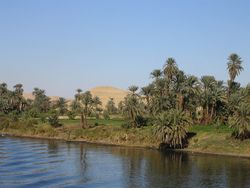 View of the Nile River, from a cruiseboat, between Luxor and Aswan in Egypt.