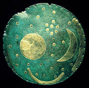 A bronze disk, 1600 BC, from Nebra, Germany, is one of the oldest known representations of the cosmos. The Pleiades are top right. See Nebra sky disk
