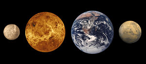 Size comparison of terrestrial planets (left to right): Mercury, Venus, Earth, and Mars
