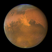 Mars from Hubble Space Telescope October 28, 2005 with dust storm visible.
