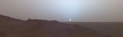 Photograph of a Martian sunset taken by Spirit at Gusev crater, May 19, 2005.