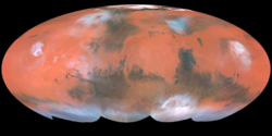 Map of Mars from Hubble Space Telescope as seen near the 1999 opposition. (North top)