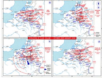 The evolution of German plans for Fall Gelb, the invasion of the Low Countries. The series begins at the right upper corner.