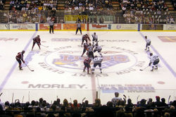 Winning the faceoff can be the key to some strategies. A game between Saginaw and Plymouth's Ontario Hockey League teams.