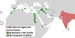 The diffusion of sugarcane in pre-Islamic times (shown in red), in the medieval Muslim world (green) and by Europeans (violet).