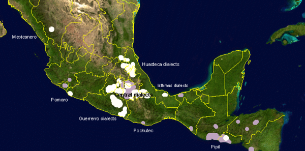 Map showing the areas of Mesoamerica where Nahuatl is spoken today (in White) and where it is known to have been spoken historically (Grey)