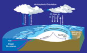 Water cycles between ocean, atmosphere, and glaciers.
