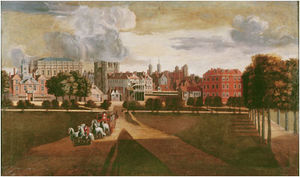 The Palace of Whitehall by Hendrick Danckerts c. 1660-1679. The view is from the west with King Charles II in the foreground riding through St James's Park. The "house at the back" is on the far right; the octagonal building next to it is the Cockpit.