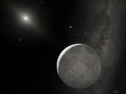 Artist impression of Eris and Dysnomia. Eris is the main object, Dysnomia the small grey disk just above it. The flaring object top-left is the Sun.