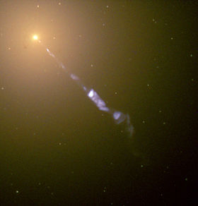 A jet of particles is being emitted from the core of the elliptical radio galaxy M87. Credit:Hubble Space TelescopeNASA/ESA.