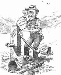 Wilson uses tariff, currency and anti-trust laws to prime the pump and get the economy working in a 1913 political cartoon