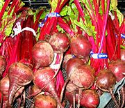 A selection of Beta vulgaris, known as beet root, at a grocery store.