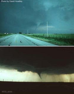 Photographs of the Waurika, Oklahoma tornado of May 30, 1976, taken at nearly the same time by two photographers.  In the top picture, the tornado is front-lit, with the sun behind the east-facing camera, so the funnel appears nearly white.  In the lower image, where the camera is facing the opposite direction, the tornado is back-lit, with the sun behind the clouds.