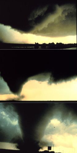A sequence of images showing the birth of a tornado.  First, the rotating cloud base lowers.  This lowering becomes a funnel, which continues descending while winds build near the surface, kicking up dust and other debris.  Finally, the visible funnel extends to the ground, and the tornado begins causing major damage.  This tornado, near Dimmitt, Texas, was one of the best-observed violent tornadoes in history.
