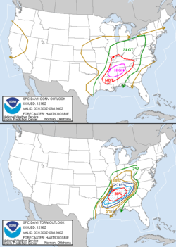 Probabilistic maps issued by the Storm Prediction Center during the heart of the April 6-8, 2006 Tornado Outbreak.  The top map indicates the risk of general severe weather (including large hail, damaging winds, and tornadoes), while the bottom map specifically shows the percent risk of a tornado forming within 25 miles (40 km) of any point within the enclosed area.  The hashed area on the bottom map indicates a 10% or greater risk of an F2 or stronger tornado forming within 25 miles (40 km) of a point.