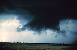 A rotating wall cloud with rear flank downdraft clear slot evident to its left rear.