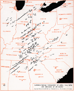A map of the tornado paths in the Super Outbreak.