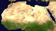 A satellite image of the Sahara, the world's largest hot desert and second largest desert after Antarctica.