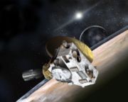 Artist's conception of the New Horizons spacecraft passing over Pluto, showing its tenuous atmosphere