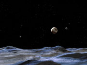 Artist's concept of the surface of Hydra. Pluto with Charon (right) and Nix (bright dot on left).