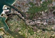 A satellite image of Rotterdam and its port