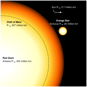 Comparison between red giants and the Sun. The dashed circular curve indicates the size of the orbit of Mars.