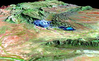 A false-color NASA image of the Argyle mine. Blue colours show the location of the mine and its depressed elevation as a result of the open pit mining technique.