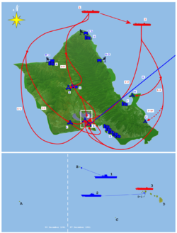 The attackers came in two waves. The first wave was detected by U.S. Army radar at 136 nautical miles (252 km), but was misidentified as USAAF bombers from the mainland.Top:A. Ford Island NAS B. Hickam Field C. Bellows Field D. Wheeler Field E. Kaneohe NAS F. Ewa MCAS R-1. Opana Radar Station R-2. Kawailoa RS R-3. Kaaawa RSG. Haleiwa H. Kahuku I. Wahiawa J. Kaneohe K. Honolulu0. B-17s from mainland 1. First strike group 1-1. Level bombers 1-2. Torpedo bombers 1-3. Dive bombers 2. Second strike group 2-1. Level bombers 2-1F. Fighters 2-2. Dive bombersBottom:A. Wake Island B. Midway Islands C. Johnston Island D. HawaiiD-1. Oʻahu1. USS Lexington 2. USS Enterprise 3. First Air Fleet