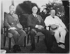 Generalissimo Chiang Kai-shek of China (left), Roosevelt (middle), and Winston Churchill (right) at the Cairo Conference in 1943.