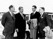 Congressman Gerald Ford, MSFC director Wernher von Braun, Congressman George H. Mahon, and NASA Administrator James E. Webb visit the Marshall Space Flight Center for a briefing on the Saturn program, 1964
