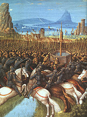 Artistic depiction of the Battle of Hattin in 1187, where Jerusalem was recaptured by Saladin's Ayyubid forces