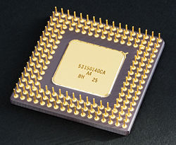 Intel 80486DX2 microprocessor in a ceramic PGA package.