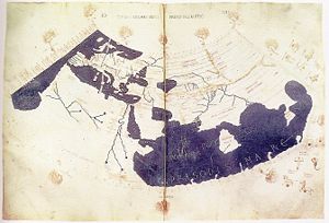 A 15th century manuscript copy of the Ptolemy world map, reconstituted from Ptolemy's Geographia (circa 150), indicating the countries of "Serica" and "Sinae" (China) at the extreme east, beyond the island of "Taprobane" (Sri Lanka, oversized) and the "Aurea Chersonesus" (Malay Peninsula).