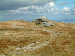 none High Willhays, the highest point on Dartmoor and southern England at 621 m (2037 ft) above sea level, with Yes Tor beyond