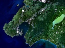 Satellite photo of the Wellington conurbation: (1) Wellington; (2) Lower Hutt; (3) Upper Hutt; (4) Porirua.