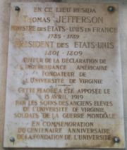 Memorial plaque on the Champs-Élysées, Paris, France, marking where Jefferson lived while he was Minister to France. The plaque was erected after World War I to commemorate the centenary of Jefferson's founding of the University of Virginia.