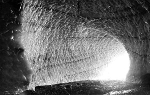 Glacier cave in Big Four Glacier, Big Four Mountain, Washington, ca. 1920.