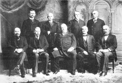 Cleveland's last cabinet. Front row, left to right: Daniel S. Lamont, Richard Olney, Cleveland, John G. Carlisle, Judson Harmon  Back row, left to right: David R. Francis, William L. Wilson, Hilary A. Herbert, Julius S. Morton