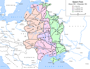 The eastern front at the time of the Battle of Moscow:      Initial Wehrmacht advance — to 9 July 1941      Subsequent advances — to 1 September 1941      Encirclement and battle of Kiev ­ to 9 September 1941      Final Wehrmacht advance — to 5 December 1941