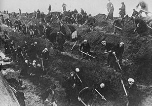 With all the men at the Front, Moscow women dig anti-tank trenches around Moscow in 1941.
