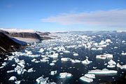 Icebergs breaking off glaciers at Cape York, Greenland