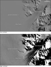 Low and high contrast images of the Byrd Glacier. The low-contrast version is similar to the level of detail the naked eye would see — smooth and almost featureless. The bottom image uses enhanced contrast to highlight flow lines on the ice sheet and bottom crevasses.