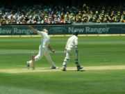 Flintoff bowling against Australia in The Ashes series